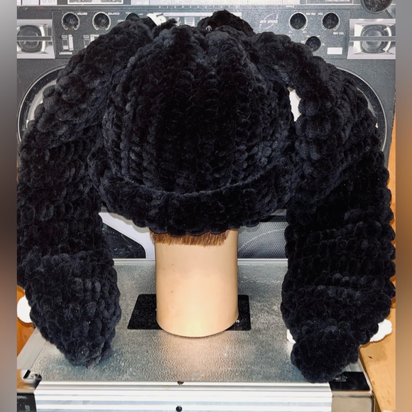 Handmade Black Super Thick Knit Rill Up Beanie w/ Bunny Ears Women\'s Hat main image 5